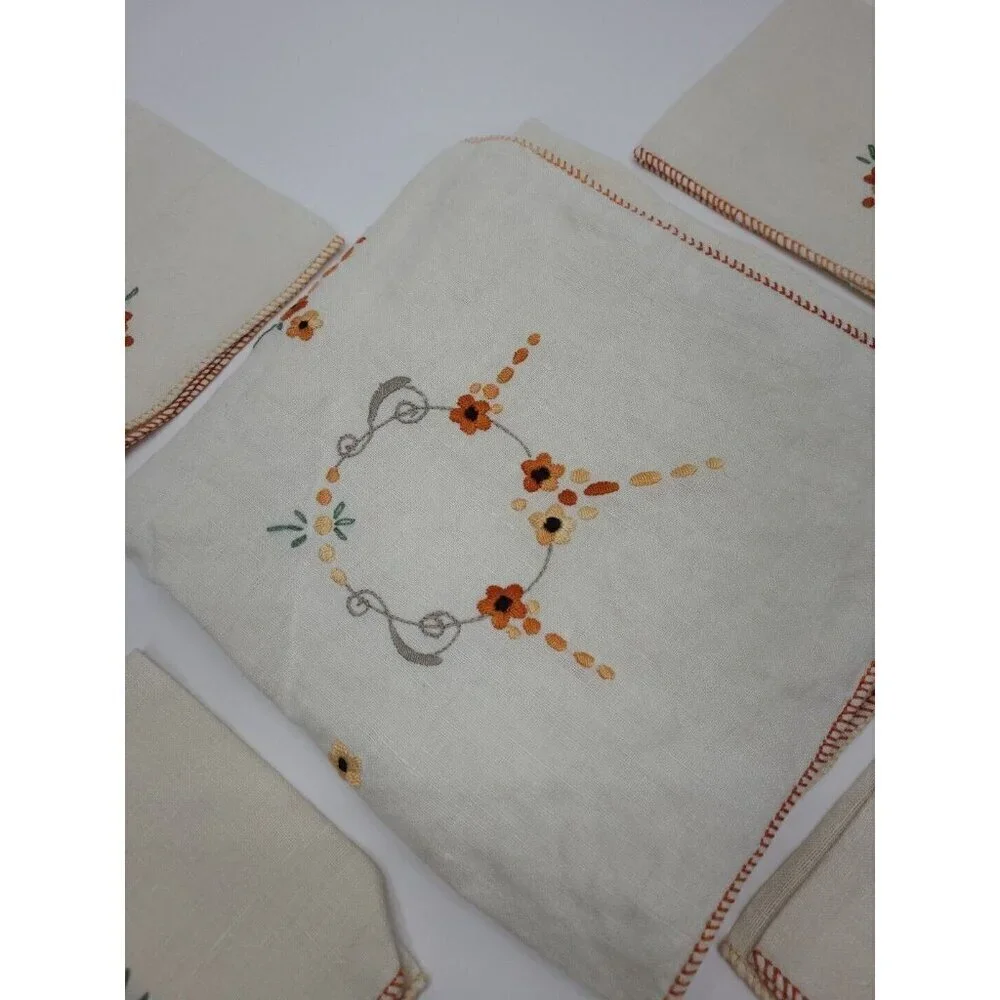 Vintage Hand Made Embroidered Linen Tablecloth and 4 Napkins Orange Floral